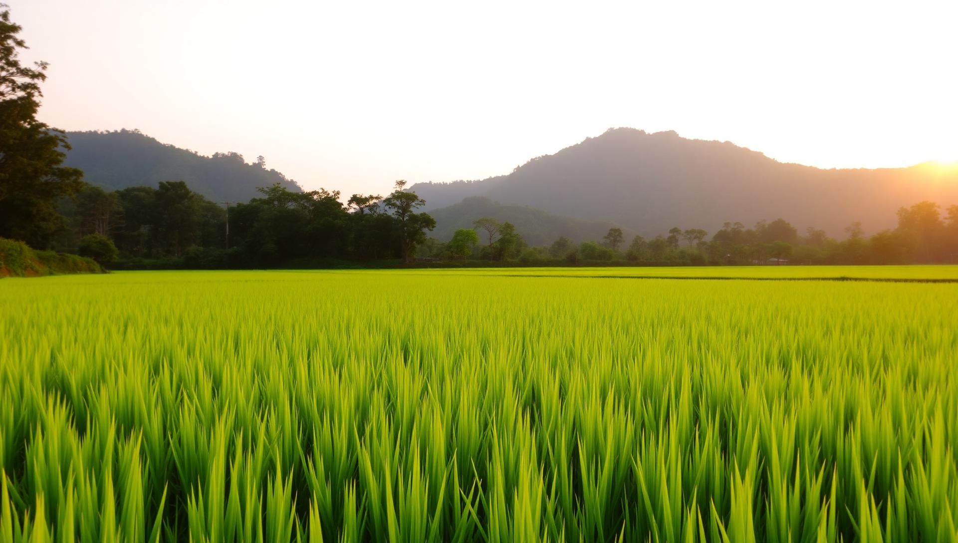 Lush green rice paddy fields at sunrise